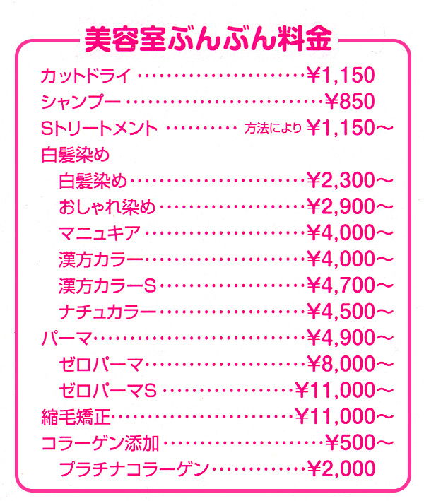 美容室ぶんぶん料金表 美容室ぶんぶん料金表